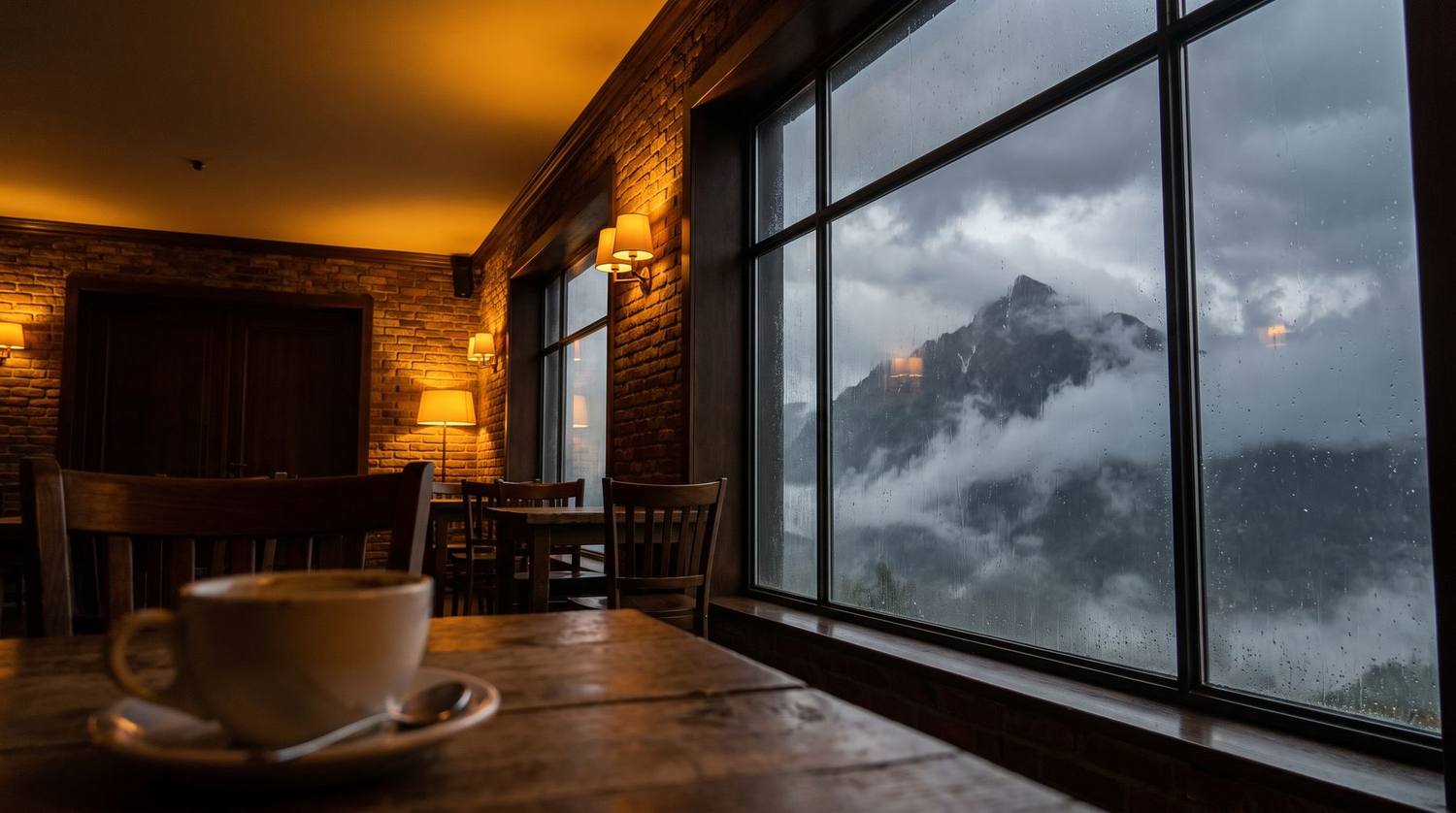 雲の上に山頂が見える窓辺の、一杯のコーヒー