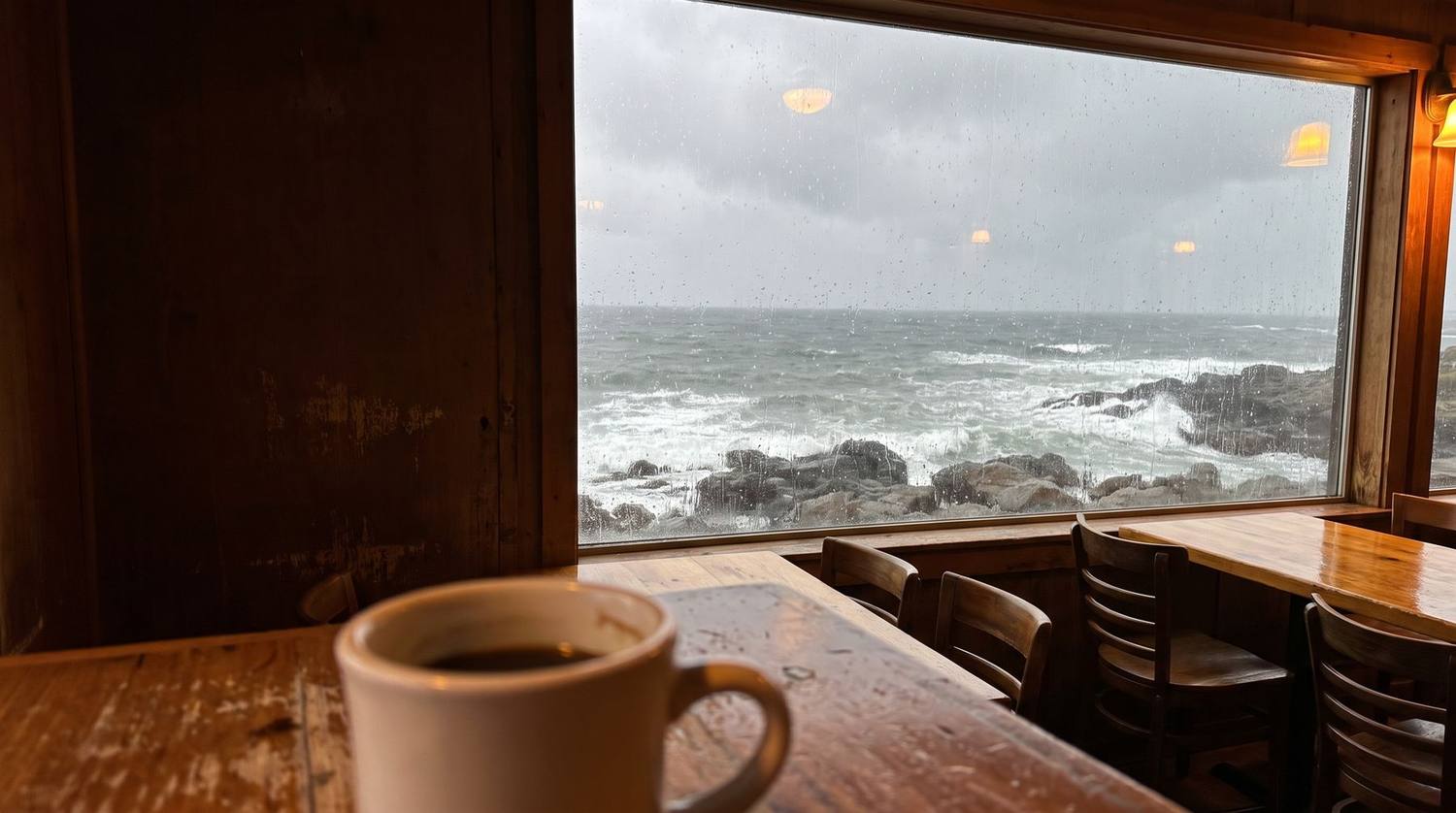 荒れる海を窓越しに見る、机の上のコーヒーカップ