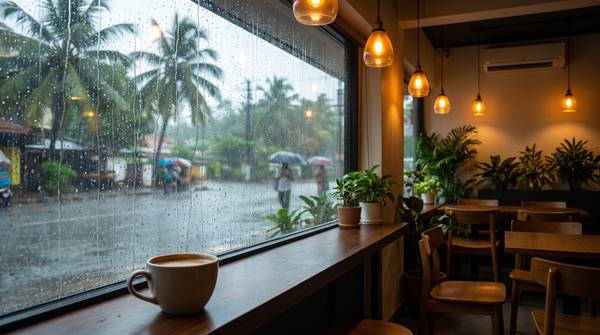 窓の外に、椰子の木と雨の道が見える、南国のカフェ