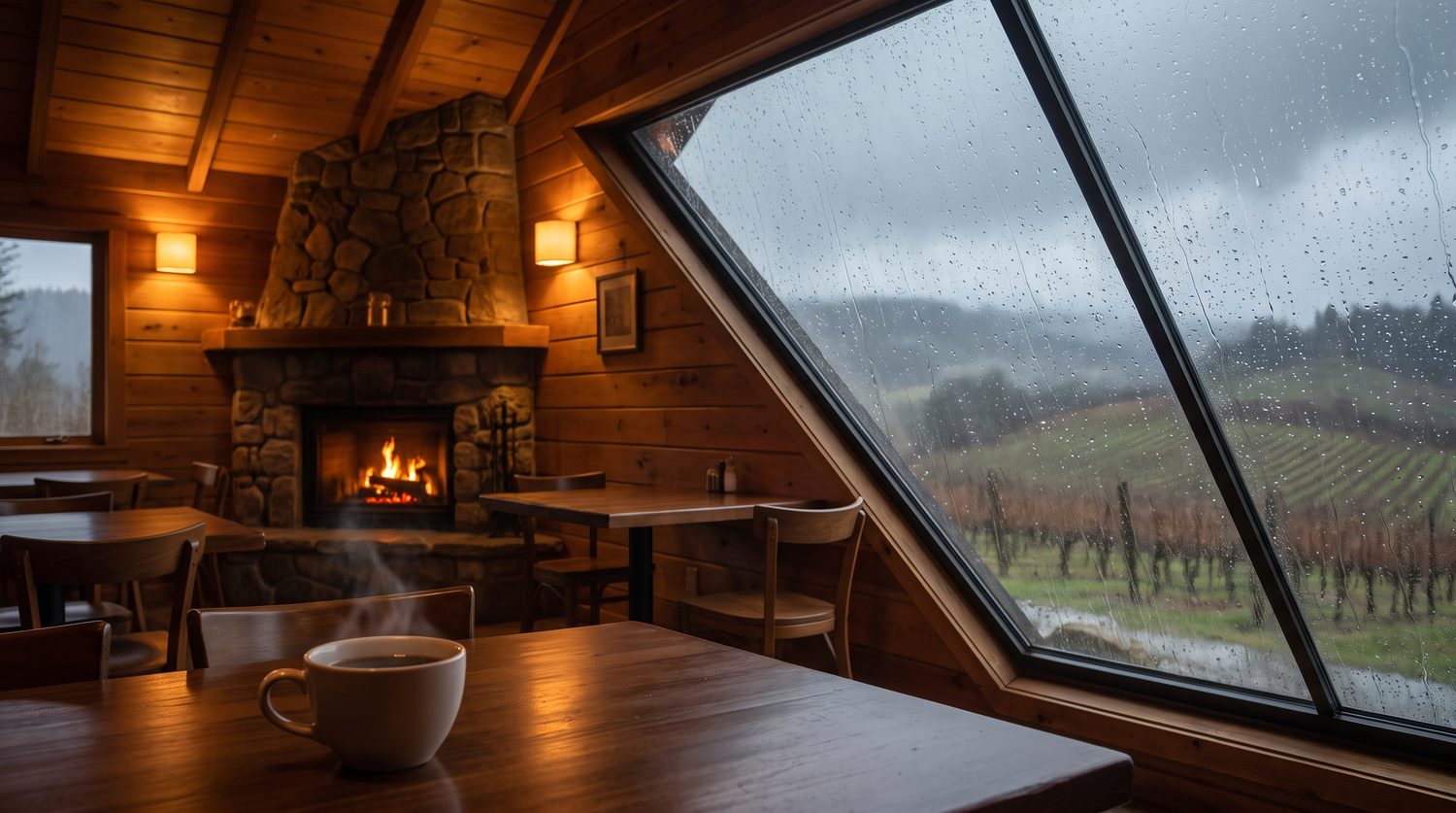 暖炉の火が灯る石壁のカフェと、雨のぶどう畑を望む窓