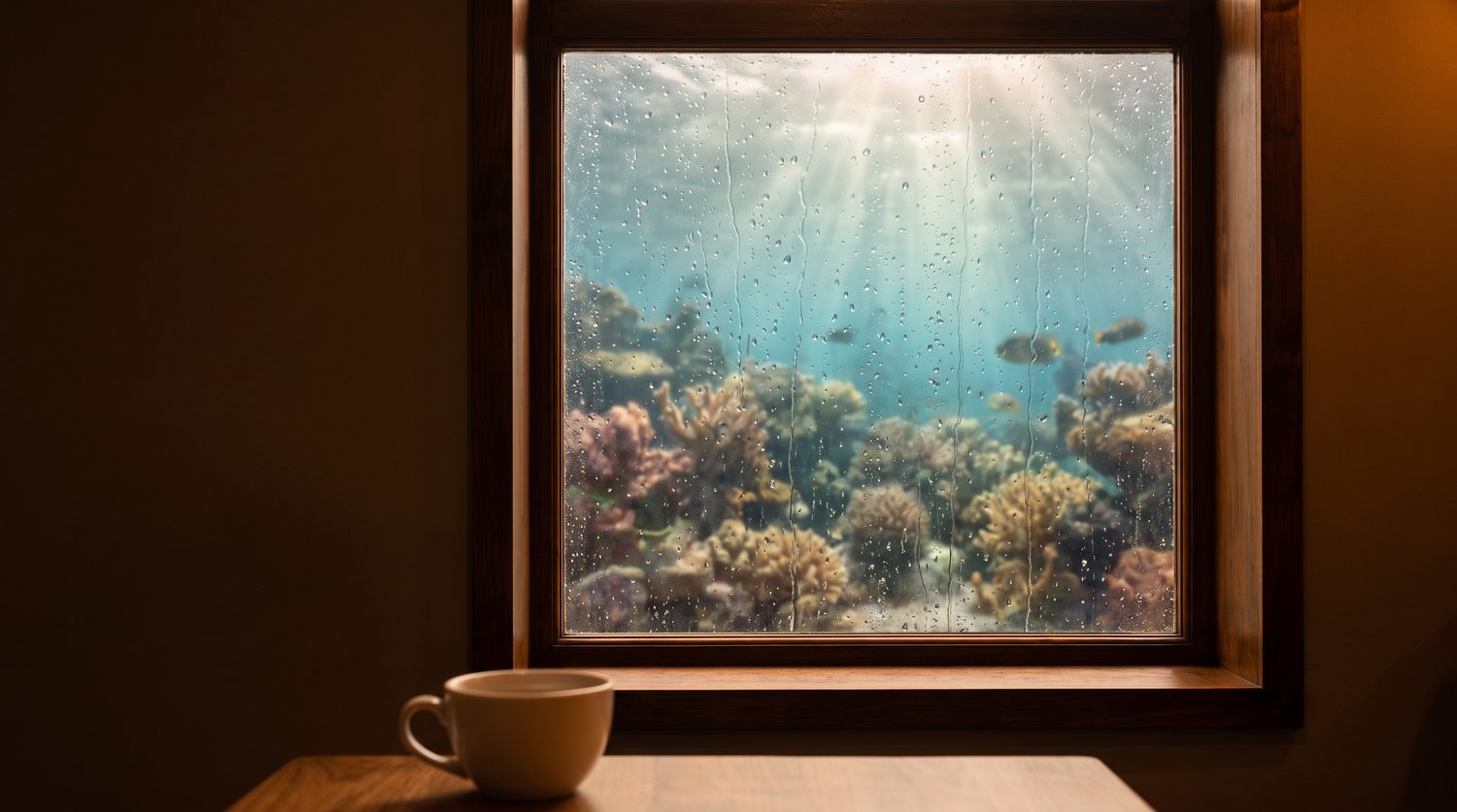 海中のサンゴ礁に光が差し込む窓と、暖かいカフェ