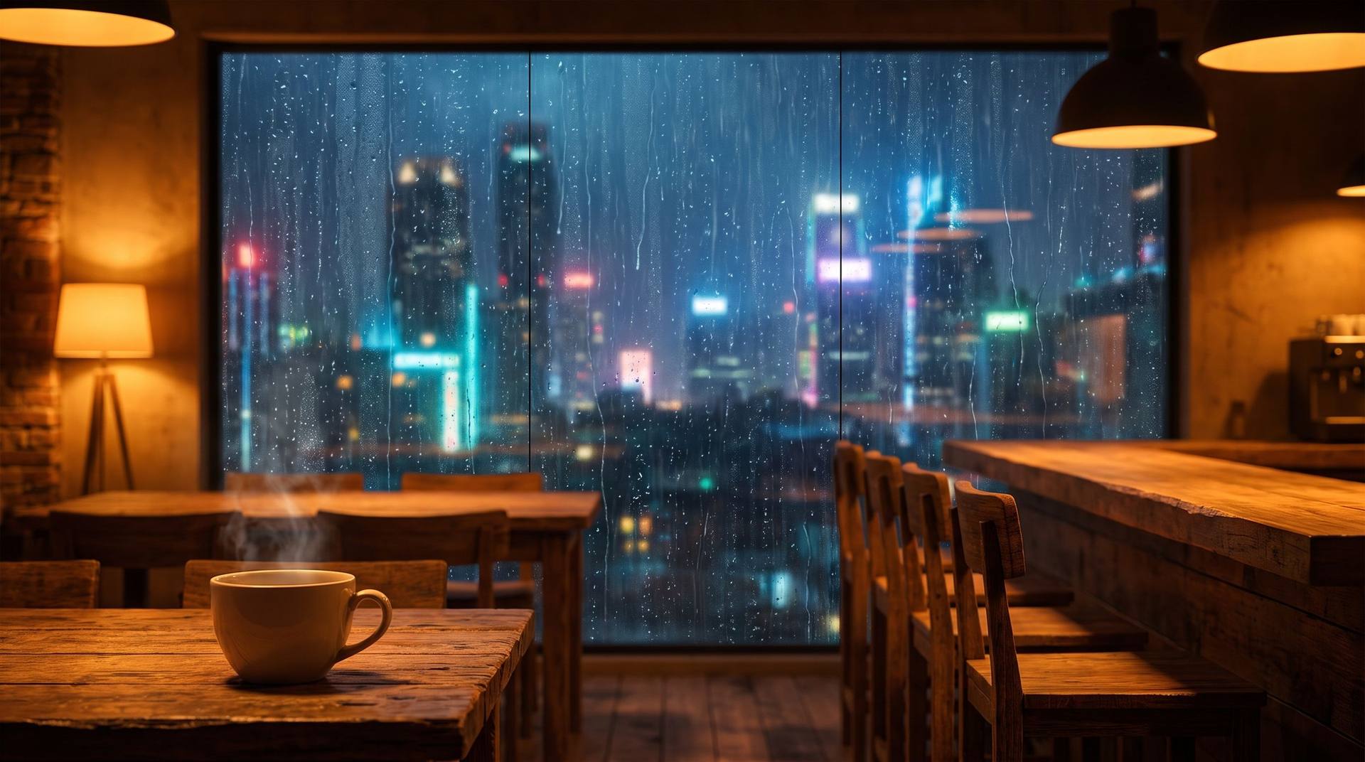 雨の夜、ネオンの街を窓越しに見る、湯気の立つコーヒーのあるカフェ