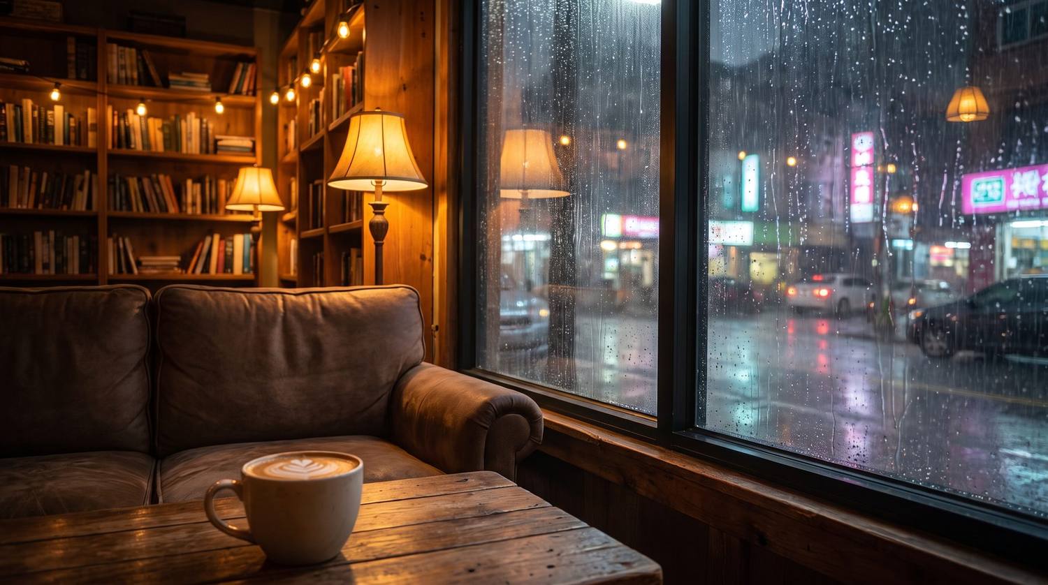 本棚とソファのある席から、雨のネオン街を望む窓辺