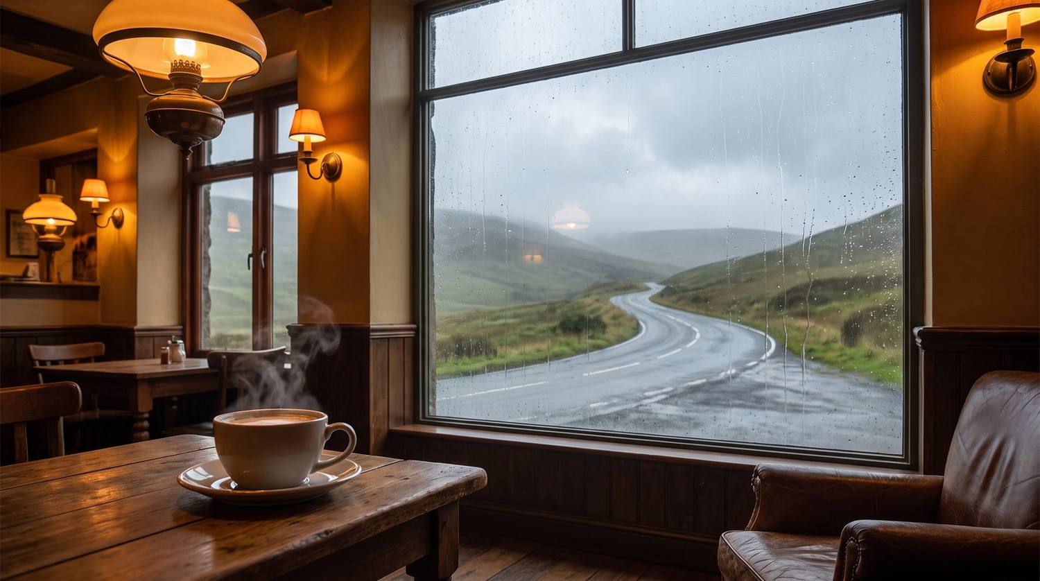 丘をくだる道が見える、雨の日の窓辺のコーヒー