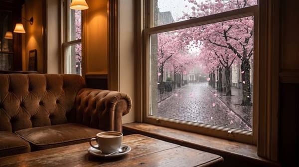 窓の外に満開の桜と雨の石畳が見える、ソファ席のカフェ