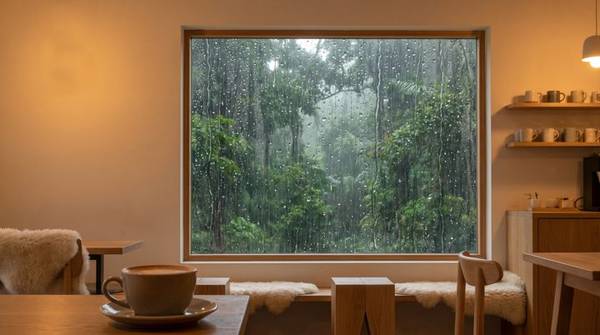 窓の外に、雨に濡れる深い緑の森が広がるカフェ