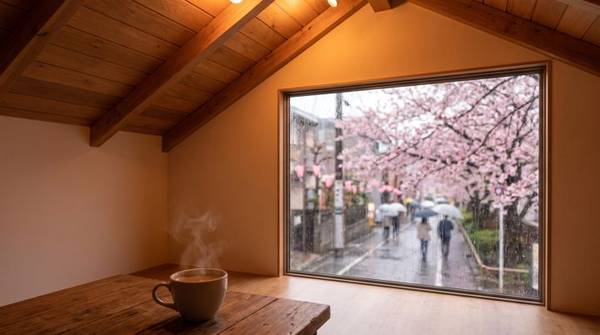 窓の外に桜と傘の人々が見える、雨の日のカフェ