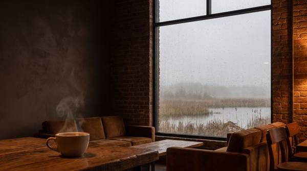 窓の外に、霧の湿地が広がるカフェのコーヒー