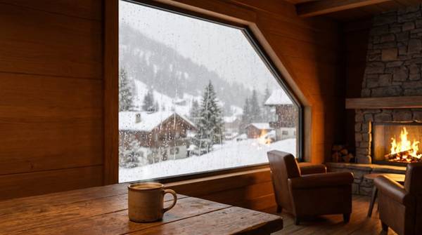 暖炉の火と、窓の外に雪の山小屋が見えるカフェ