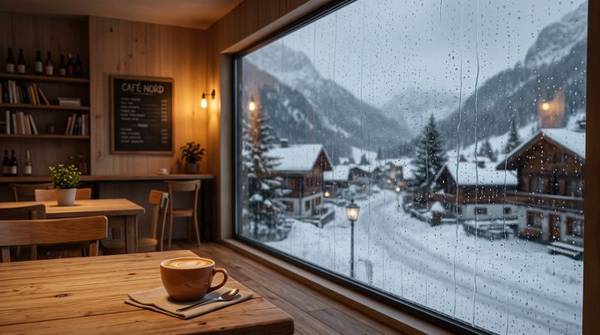 窓の外に雪の山あいの村が見える、黒板メニューのあるカフェ