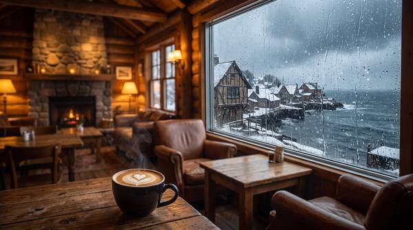 暖炉のあるログ造りのカフェの窓から、雪の積もった港町と海が見える