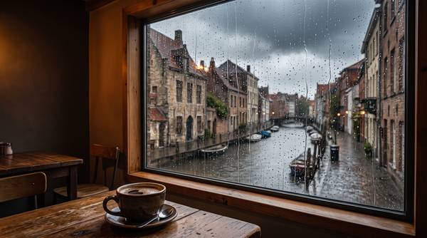 窓の外に雨の運河と古い街並みが見える、コーヒーのカップのあるカフェの席