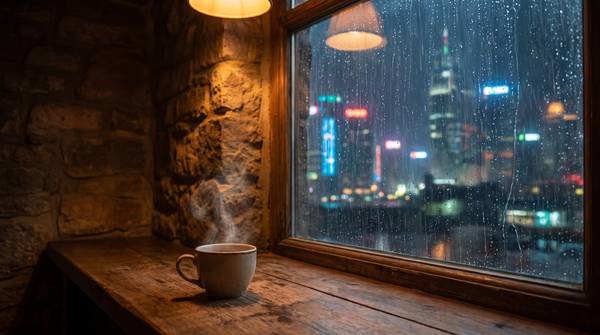 雨の夜の高層ビルのネオンが窓ガラスに滲む、カフェの窓辺