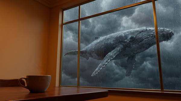 嵐の雲の中を泳ぐ大きなクジラが見える、カフェの窓