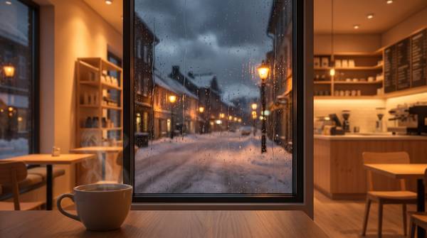 雪の降る夕暮れの通りを望む、ガラス張りのカフェ