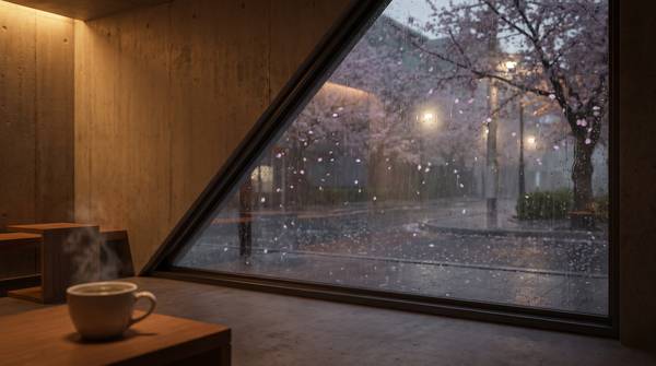桜の枝に雨がつたう、夜の窓辺のカフェ