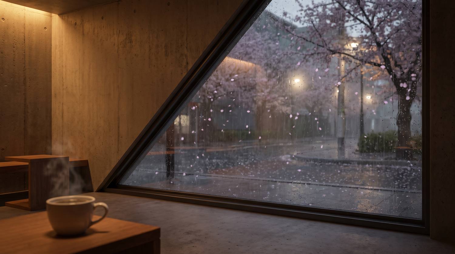 桜の枝に雨がつたう、夜の窓辺のカフェ