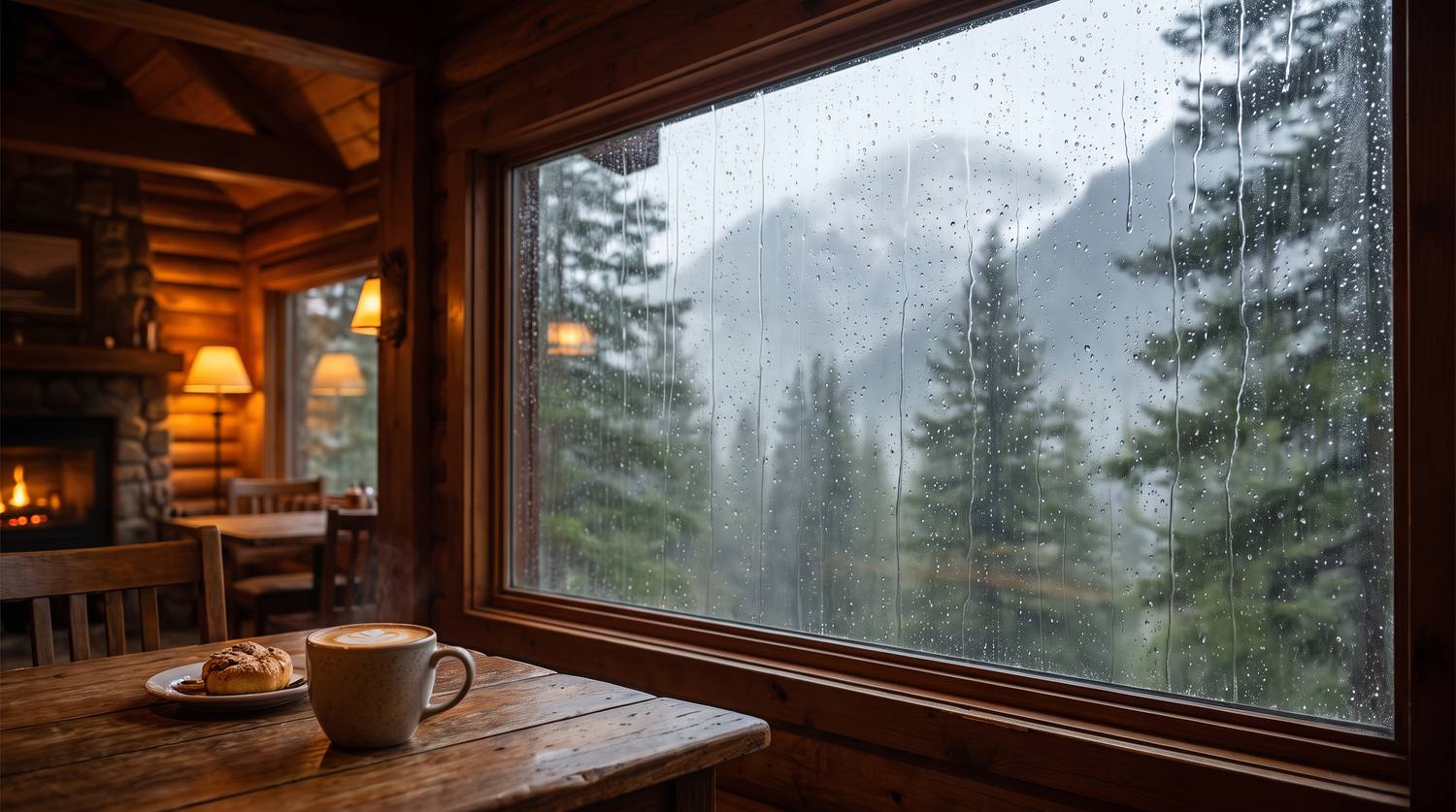 霧に煙る山とモミの木を望む、丸太造りのカフェ
