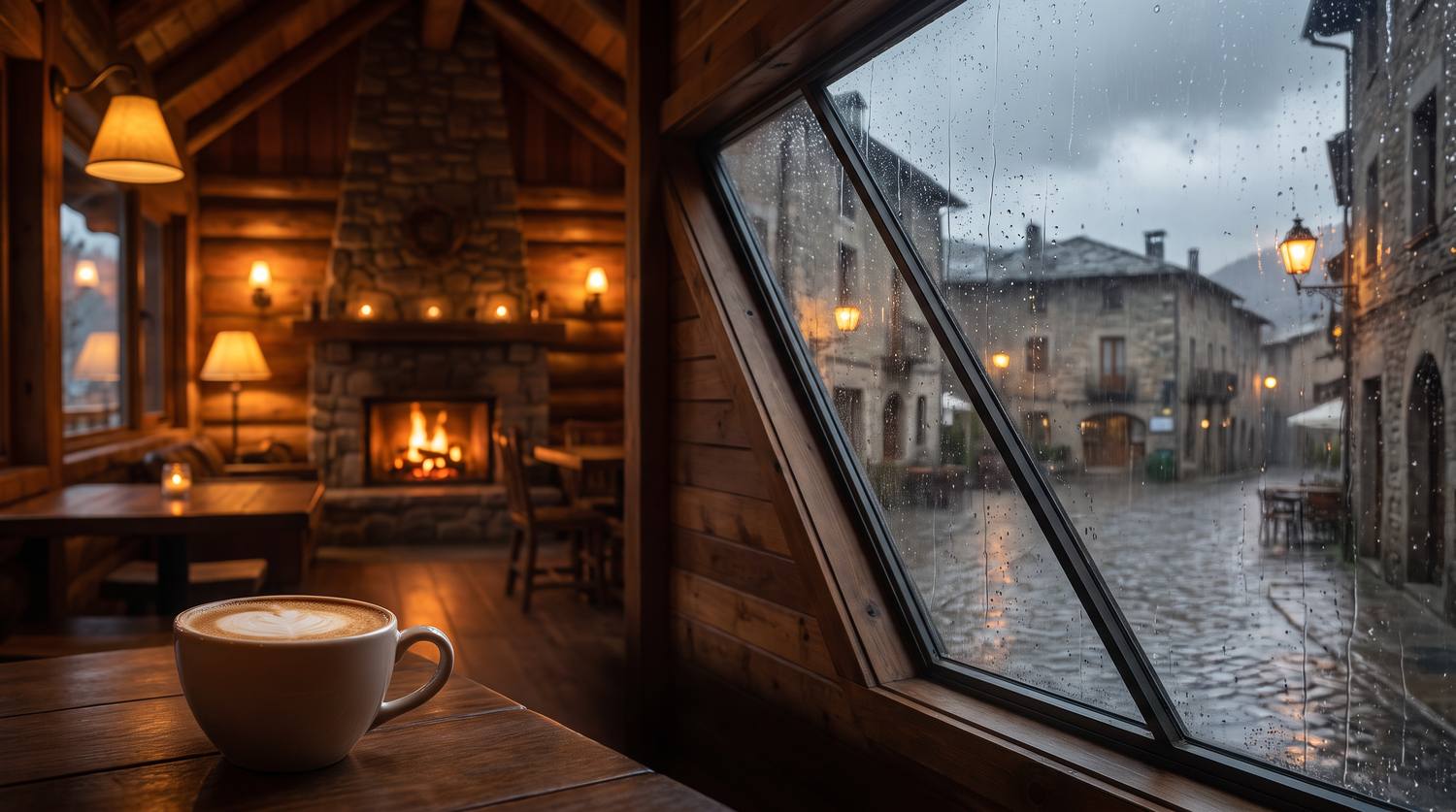 暖炉のある石造りの部屋から、雨の石畳の街を見る窓辺