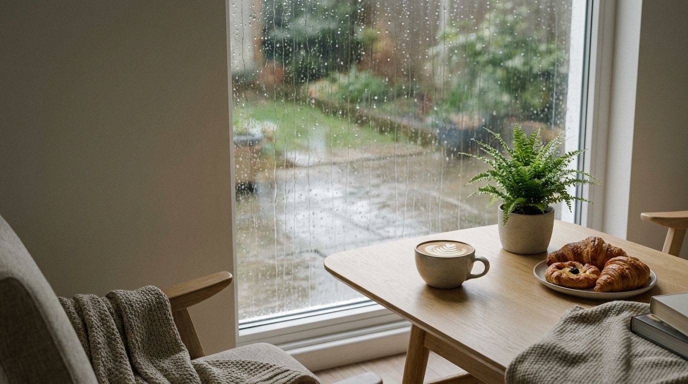 朝の雨上がり、窓辺のラテとクロワッサン